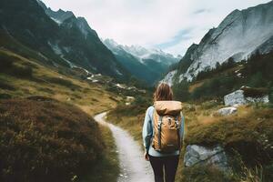 Adventurous Climber Trekking to Conquer the Mountain Peak. Generative AI photo