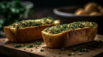 Freshly Baked Homemade Garlic Bread with a Mouthwatering Fragrance, Generative AI photo