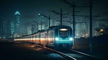 tren carreras mediante hermosa noche paisaje urbano con borroso antecedentes. creado con generativo ai foto
