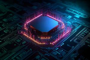 Generative AI. Futuristic Neon Microchip Circuit Board 3D Rendering photo