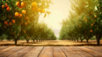 Empty Wood Table with Orange Trees and Field Background. created with Generative AI photo