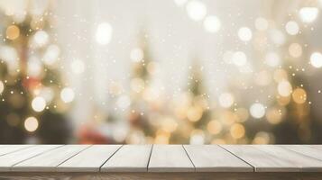 Empty woooden table top Warm with Living Room Decor with Christmas Tree Lights. created with Generative AI photo