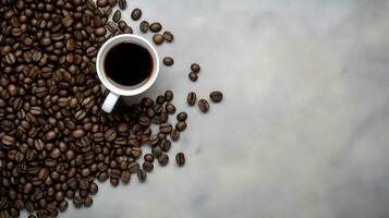 Cup of Coffee with Coffee Beans on Gray Stone Background. created with Generative AI photo
