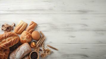 Assorted Bakery Products on Wooden Background . created with Generative AI photo