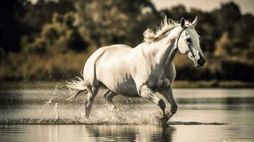 hermosa caballo corriendo terminado agua con reflexión, generativo ai foto