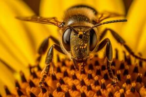 un ocupado abeja recoge néctar desde un vibrante girasol en un soleado día, exhibiendo el salvaje y fascinante vida de insectos generativo ai foto