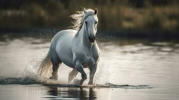 Beautiful horse running over water with reflection, Generative AI photo