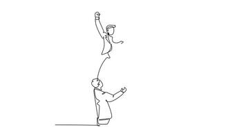 Self drawing animation group of happy businessman toss up person celebrating success victory achievement together. Joyful team congratulation man colleague. Continuous line draw. Full length animated video