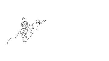 Animated self drawing of continuous line draw group of young happy male and female jumping together to celebrate their vacation on the beach. Traveling holiday concept. Full length one line animation video