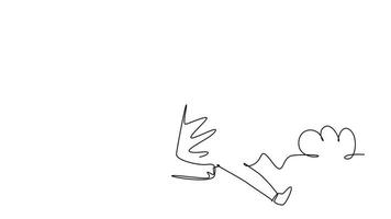 Animated self drawing of continuous line draw of young happy and smart college student jumping high over the cloud to celebrate school graduation. Education celebration. Full length one line animation video