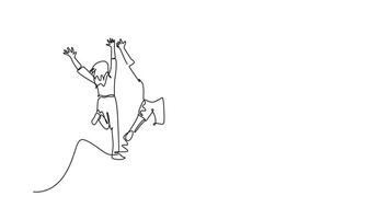 Self drawing animation of single line draw of back view group of young happy male and female jumping together to celebrate their vacation. Traveling journey. Continuous line draw. Full length animated video