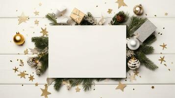 Navidad decoración y blanco tarjeta en blanco de madera mesa - espacio para texto. creado con generativo ai foto