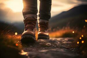 Close-up of Man's Leather Boots Walking Uphill in Morning Light with Bokeh Effect. Generative AI photo