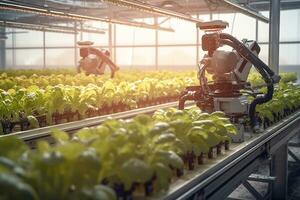 Smart Robotic Farmers Revolutionizing Agriculture. created with Generative AI photo