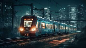 tren carreras mediante hermosa noche paisaje urbano con borroso antecedentes. creado con generativo ai foto