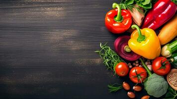 Organic Food - Fresh Raw Vegetables and Spices on Wooden Chalkboard. created with Generative AI photo