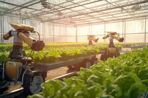 Smart Robotic Farmers Revolutionizing Agriculture. created with Generative AI photo