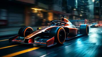 Luxury Formula1 car high speed running through the city streets. created with Generative AI photo