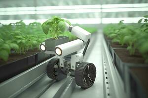Smart Robotic Farmers Revolutionizing Agriculture. created with Generative AI photo