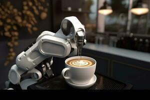 Robot arm serving hot coffee in a coffee shop. created with Generative AI photo