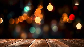 Empty Wooden Table with Blurred Bokeh Background - Neon Night View Close-Up. created with Generative AI photo