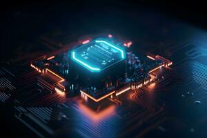 Generative AI. Futuristic Neon Microchip Circuit Board 3D Rendering photo