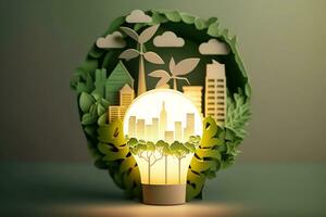 Creative Energy Saving Concept Paper Cut of Light Bulb with Green Eco City.  created with Generative AI photo