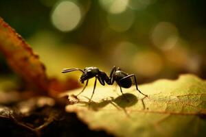 Macro Shot of Ant Carrying Leaf in Forest Habitat on Summer Day. Generative AI photo