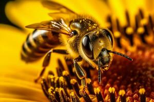 un ocupado abeja recoge néctar desde un vibrante girasol en un soleado día, exhibiendo el salvaje y fascinante vida de insectos generativo ai foto