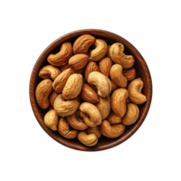 Nuts in a wood bowl isolated on a transparent background AI Generative png