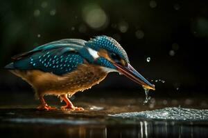 el belleza de naturaleza como un martín pescador capturas un pescado en cinematográfico Encendiendo, generativo ai foto