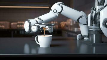 Robot arm serving hot coffee in a coffee shop. created with Generative AI photo