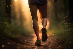 Mañana sendero correr de cerca de hembra del corredor piernas y Zapatos con resumen bokeh luz creada. generativo ai foto