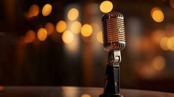 Vintage Microphone on Stage with Bokeh Lights Background. created with Generative AI photo