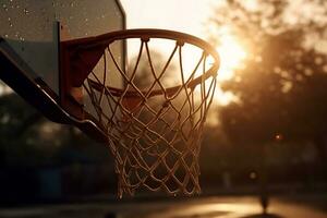 puesta de sol baloncesto de cerca de un baloncesto aro en calentar noche ligero. creado con generativo ai foto