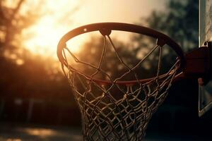 Sunset Basketball Close-Up of a Basketball Hoop in Warm Evening Light. created with Generative AI photo