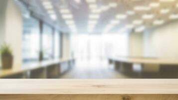 Wood Table Top with Blurred Bokeh Office Interior Space Background. created with Generative AI photo