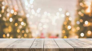 Empty woooden table top Warm with Living Room Decor with Christmas Tree Lights. created with Generative AI photo