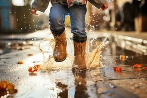 el piernas de un niño en amarillo caucho botas saltar mediante charcos en contra el fondo de un borroso calle. generado por artificial inteligencia foto