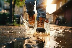 The legs of a child in yellow boots jump through puddles against the backdrop of a blurred street. Generated by artificial intelligence photo