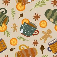 Ceramic tea cups and mugs seamless pattern. Vector Flat cartoon background with ceramic and porcelain teacups, spices, Orange slices. Color template with tasty food and drinks for restaurant, perk.