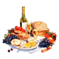 Watercolor Party food, banquet illustration, delicious food and drink for celebration , AI generated png