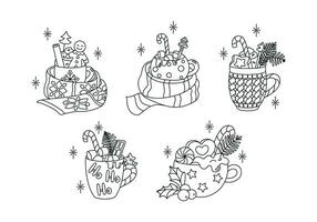 Christmas hot chocolate with marshmallows and gingerbread man. Set of coloring pages. vector