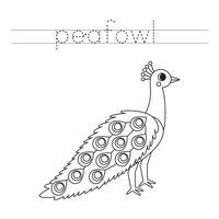 Trace the letters and color cartoon peafowl. Handwriting practice for kids. vector