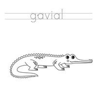 Trace the letters and color cartoon gavial. Handwriting practice for kids. vector