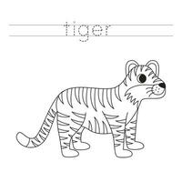 rastro el letras y color dibujos animados tigre. escritura práctica para niños. vector