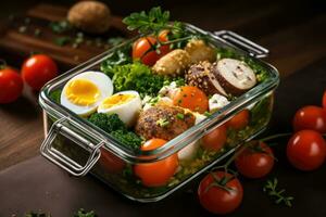 Fresh salad with eggs and meatballs in a glass bowl on a wooden table, Healthy lunch box with quail eggs, quail eggs and vegetables, AI Generated photo