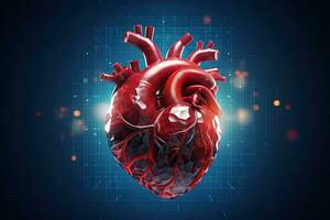 Human heart on abstract blue background. 3D Rendering, 3D illustration, Human heart on blue background. 3d rendering, 3d illustration, AI Generated photo