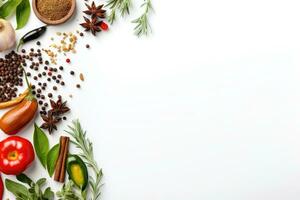 Fresh herbs, spices and vegetables on white background, space for text, Herbs and spices selection on white background with copy space for text, AI Generated photo