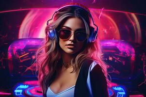Portrait of a beautiful young woman in headphones. Cyberpunk style, Hot girl DJ in neon lights. Poster of sexy TDJ at the night club party, AI Generated photo